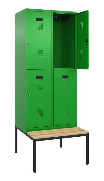 C+P Doppelstock-Spind Evolo PLUS, Bank, 4 Fächer, 2120x800x815mm, 6037/6037, Zylinderschloss, Sitzfläche Buche-Hartholz, Sitzbank, 0493507-22 S10053