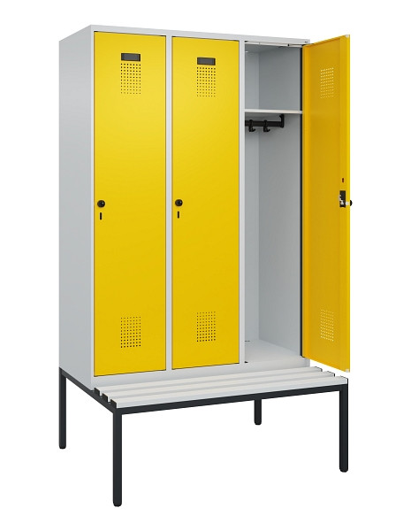 C+P Spind Evolo PLUS, 3 Abteile, 2120x1200x815mm, 7035/1023, Haken 4, Drehriegel, Sitzfläche Kunststoff, Sitzbank, 0490507-32 S10055