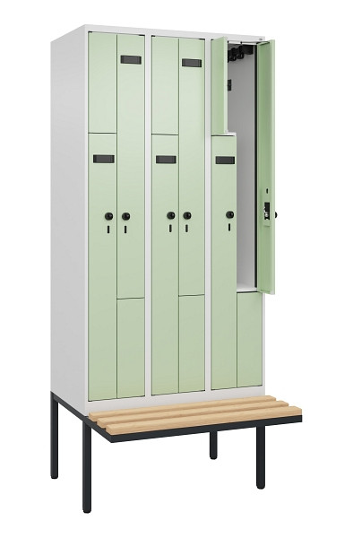 C+P Z-Spind Evolo PLUS, Bank, 6 Fächer, 2120x900x815mm, 9016/6019, Drehriegel, Sitzfläche Holz, 0490437-306 S10018