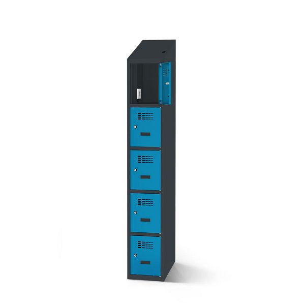 Rotstahl Fächerschrank, 5 Fächer, kurzer Sockel, mit Ladefunktion, Schrägdach, Korpus: anthrazitgrau, Türen: lichtblau, 2180-010500-0301112-7016-5012