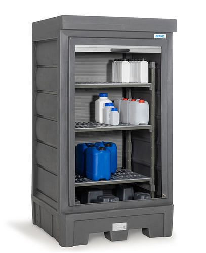 DENIOS PolySafe Gefahrstoffdepot D1, mit Rollladen und Kunststoffregal für Kleingebinde, 271834