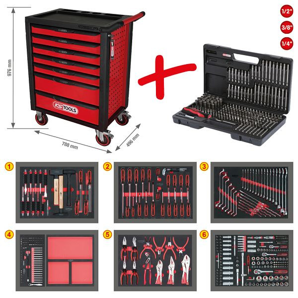 KS Tools RACINGline SCHWARZ/ROT Werkstattwagen mit Einlagenpaket 713.0598, 826.7598
