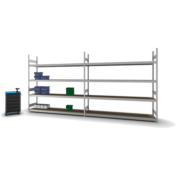 hofe Großfach-Grundregal, 2500x600x2500 mm, 4 Fachebenen, Spanplatte verzinkt, 350 kg Fachlast, 1750 kg Feldlast, zweiseitige Bedienung, GZG25625S