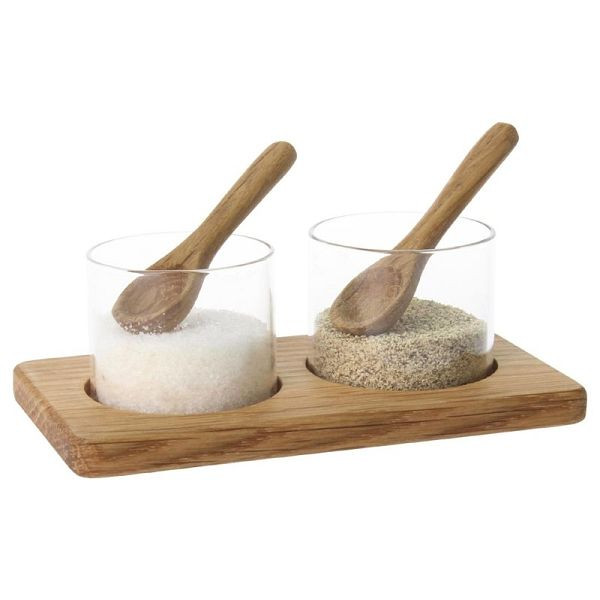 Olympia Salz- und Pfefferschälchen, mit Tablett und Löffel, Holz und Glas, CM398