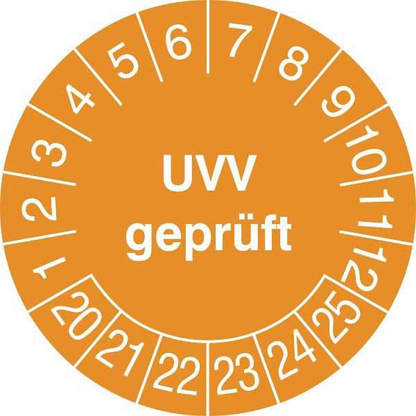 SafetyMarking Prüfplakette - mit Jahresfarbe, UVV geprüft, Prüfzeitraum: 20-25, Ø 2 cm, Folie, selbstklebend, VE: 28 Stück/Bogen, 30.0794-20-25