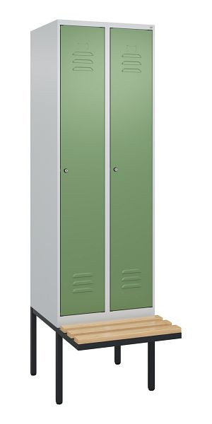 C+P Umkleidespind Classic PLUS, 2 Abteile, 2120x600x815mm, 7035/6011, Zylinderschlösser, Buche-Sitzleisten, 3 Doppel-Haken, 0800407-20 S10052