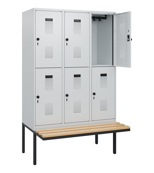 C+P Doppelstock-Spind Evolo PLUS, Bank, 6 Fächer, 1950x1200x815mm, 7035/7035, Drehriegel, Sitzfläche Buche-Hartholz, 0493405-32 S10013