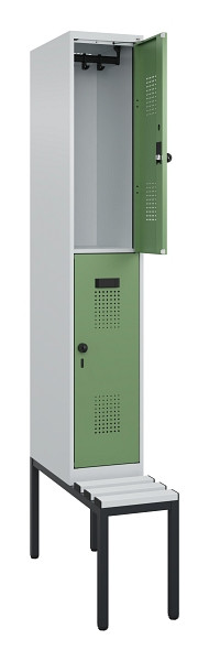 C+P Doppelstock-Spind Evolo PLUS, Bank, 2 Fächer, 2120x300x815mm, 7035/6011, Drehriegel, Sitzfläche Kunststoff, Sitzbank, 0493507-10 S10091