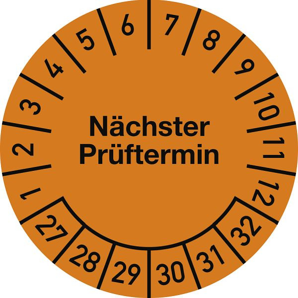 Moedel Prüfplakette Nächster Prüftermin 2027 - 2032, Folie, Ø 30 mm, VE: 500 Stück/Rolle, 108204