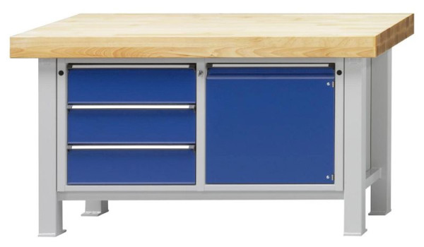 ANKE Werkbänke Schwerlastwerkbank; 1500x800x900 mm; RAL 7035/5010; Buche-Massiv-Platte 100 mm; Links 3 Schubladen 180 mm; Rechts 1 Tür 540 mm, 320.007