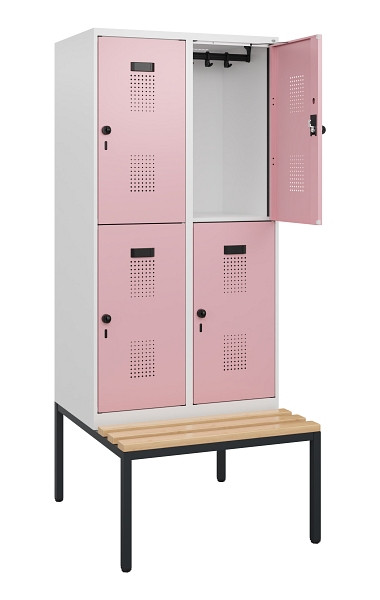 C+P Doppelstöckiger Spind Evolo PLUS, Bank, 4 Fächer, 1950x800x815mm, 9016/3015, Drehriegel, Sitzfläche Buche-Hartholz, Sitzbank, 0493505-22 S10019