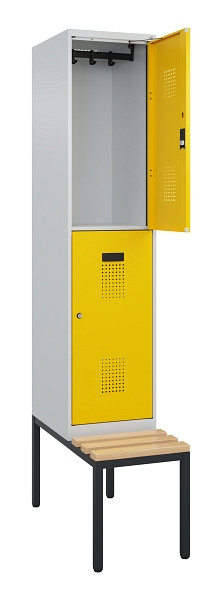 C+P Doppelstock-Spind Evolo PLUS, Bank, 2 Fächer, 2120x400x815mm, 7035/1023, Zylinderschloss, Sitzfläche Buche-Hartholz, Sitzbank, 0493507-12 S10028