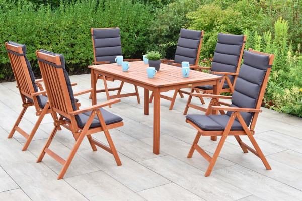 Merxx Vitoria Set 13-teilig, 6 Vitoria Klappsessel, 6 Auflagen, uni grau, mehrfach abgesteppt, 1 Tisch 150 x 90 cm, FSC Eukalyptusholz, 50185-800