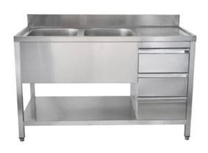 A&S Gastro Spültisch mit Schubladenblock, 2 Becken links, Bautiefe 600 mm, 140x600x850 mm, SPT1462BL-S