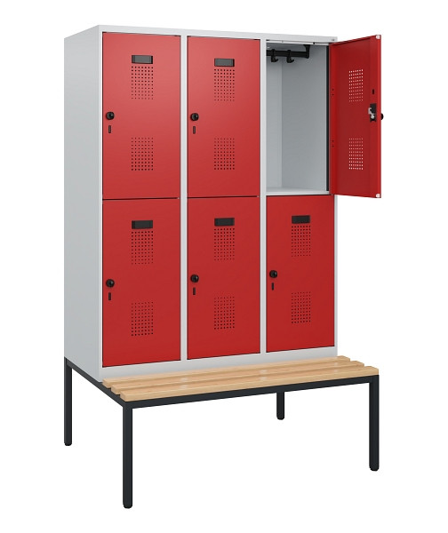C+P Doppelstöckiger Spind Evolo PLUS, Bank, 6 Fächer, 1950x1200x815mm, 7035/3000, Drehriegel, Sitzfläche Buche-Hartholz, Sitzbank, 0493505-32 S10003