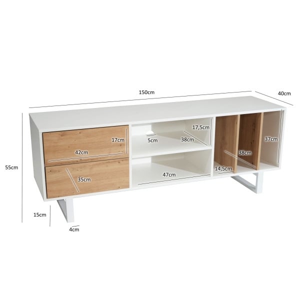 Wohnling Lowboard Weiß mit Eiche-Dekor 150x55x40 cm TV-Kommode Modern, Fernsehtisch mit Schubladen & Regal, WL6.812