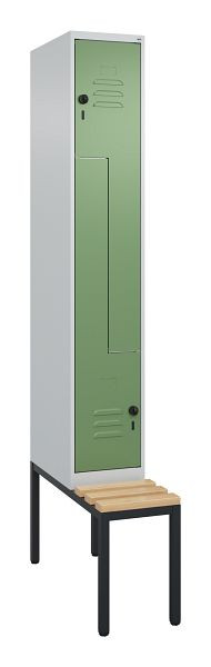 C+P Z-Spind Classic PLUS, mit untergebauter Sitzbank, 2 Abteile, 2120x300x815mm, 7035/6011, Drehriegel, Buche-Sitzleisten, 0800537-102 S10006