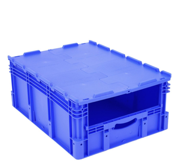 BITO Eurostapelbehälter XLD86324Rx800x600x320 blau mit Deckel Etikett RX-Boden Entnahmeöffnung stirn, C0290-1035