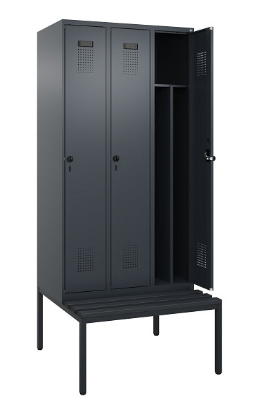 C+P Spind Evolo PLUS, 3 Abteile, 2120x900x815mm, 7016/7016, Haken 4, Drehriegel, Sitzfläche Kunststoff, Sitzbank, 0490507-30F S10070