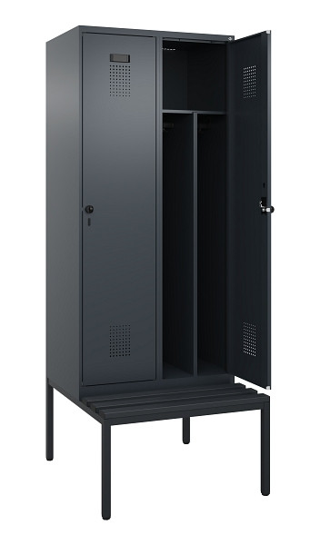 C+P Spind Evolo PLUS, 2 Abteile, 2120x800x815mm, 7016/7016, Haken 4, Drehriegel, Sitzfläche Kunststoff, Sitzbank, Trennwand, 0490507-22F S10070