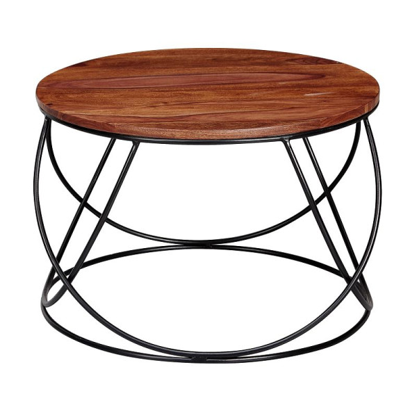 Wohnling Couchtisch Sheesham Massivholz/Metall 60 x 40 x 60 cm, Wohnzimmertisch Rund Massiv Braun, Sofatisch Modern Holztisch, WL6.171
