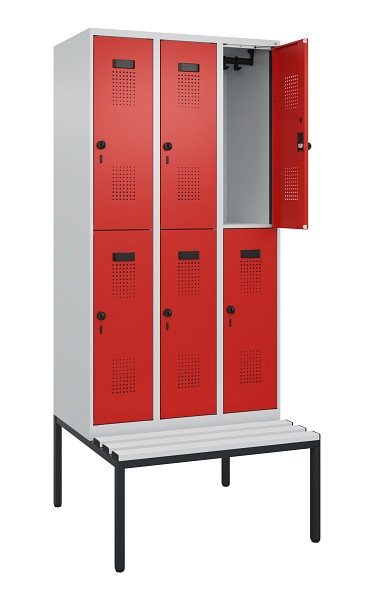 C+P Doppelstock-Spind Evolo PLUS, Bank, 6 Fächer, 2120x900x815mm, 7035/3020, Drehriegel, Sitzfläche Kunststoff, Sitzbank, 0493507-30 S10086