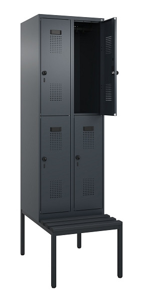 C+P Doppelstock-Spind Evolo PLUS, Bank, 4 Fächer, 2120x600x815mm, 7016/7016, Drehriegel, Sitzfläche Kunststoff, Sitzbank, 0493507-20 S10097
