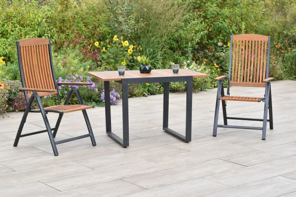 Merxx Athos Set 3-teilig, 2 Klappsessel, 1 Balkonausziehtisch, 80 (120) x 70 cm, Tischplatte aus Akazienholz, Aluminium mit FSC Akazienholz, 51008-217