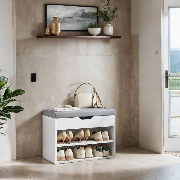 VASAGLE Schuhbank, Bank, Schuhregal mit gepolsterter Dämpfung, Schuhorganizer mit 3 Ebenen, 30 x 60 x 44 cm, für Flur, Cloud White, LHS020W01