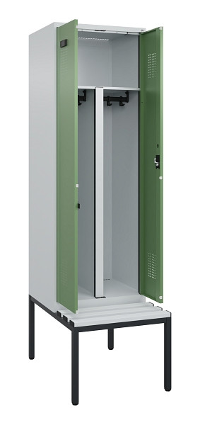 C+P PSA Doppel-Spind Evolo PLUS, Bank, 2 Abteile, 2120x600x815mm, 7035/6011, Zylinderschloss, Sitzfläche Kunststoff, Sitzbank, 0490527-20P S10091