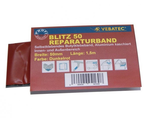 Vebatec Blitz Butyl Reparaturband Aluminium, Farbe: dunkelrot, 50mm x 1,5m, 114