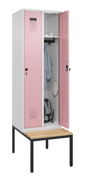 C+P Spind Evolo PLUS, 2 Abteil, 2120x600x815mm, 9016/3015, Drehriegel, Sitzfläche Buche-Hartholz, Sitzbank, 0490507-20 S10018
