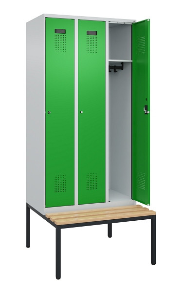 C+P Spind Evolo PLUS, 3 Abteile, 2120x900x815mm, 7035/6037, Haken 3, Zylinderschloss, Sitzfläche Buche-Hartholz, Sitzbank, 0490507-30 S10038