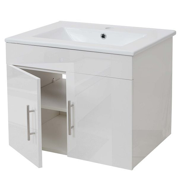 Mendler Waschbecken + Unterschrank HWC-D16, Waschbecken Waschtisch, hochglanz 60cm, weiß, 62236+62235