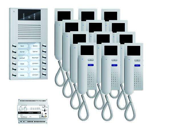 TCS Türkontrollsystem video:pack AP für 12 Wohneinheiten, mit Außenstation AVE 12 Klingeltasten, 12x Video Türtelefon IVH3222, Steuerung, PVE15120-0010