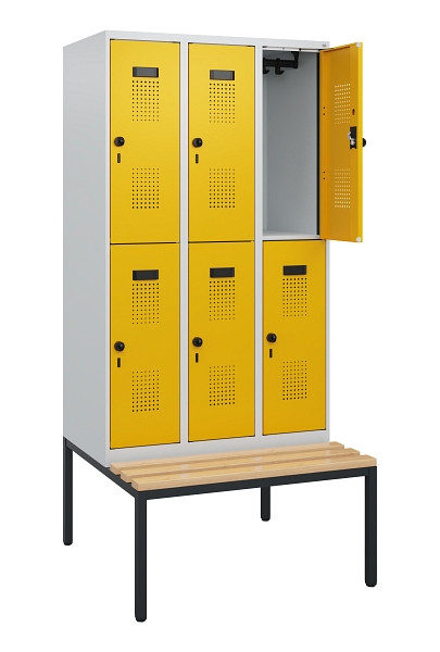 C+P Doppelstöckiger Spind Evolo PLUS, Bank, 6 Fächer, 1950x900x815mm, 7035/1004, Drehriegel, Sitzfläche Buche-Hartholz, Sitzbank, 0493505-30 S10000