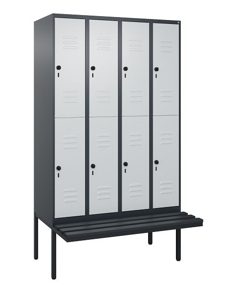 C+P Doppelstöckiger Spind Classic PLUS, 4 Abteile, 2120x1200x815mm, 7016/7035, Drehriegel, mit Untergestell und schwebender Sitzfläche, 0803407-40 S10118