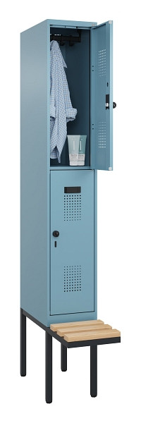 C+P Doppelstock-Spind Evolo PLUS, Bank, 2 Fächer, 2120x300x815mm, 0010/0010, Drehriegel, Sitzfläche Buche-Hartholz, 0493407-10 S10021