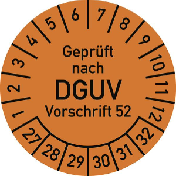Moedel Prüfplakette Geprüft nach DGUV Vorschrift 52, 2027-2032, Polyesterfolie, Ø40mm, VE: 10 Stück/Bogen, 108281