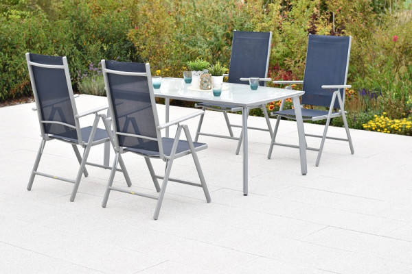 Merxx Amalfi Set 5-teilig, 4 Amalfi Klappsessel, Rückenlehne verstellbar, 1 Tisch 150 x 90 cm, matte Glasplatte, Silber/marineblau, 50878-313