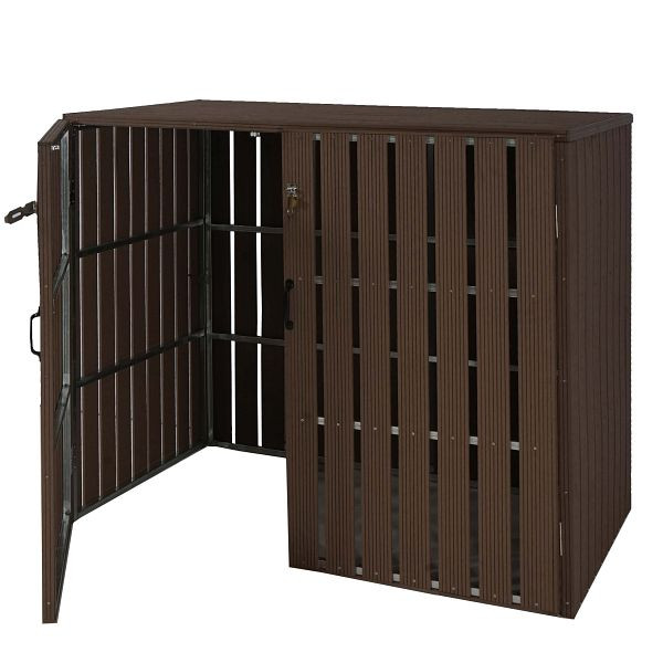Mendler 2er WPC-Mülltonnenverkleidung HWC-J28, Mülltonnenbox, Metall Holzoptik, erweiterbar 2x240l, braun, 75967+75968