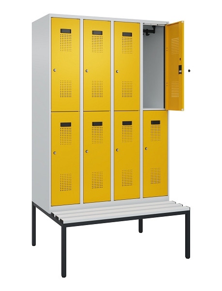 C+P Doppelstock-Spind Evolo PLUS, Bank, 8 Fächer, 2120x1200x815mm, 7035/1004, Zylinderschloss, Sitzfläche Kunststoff, Sitzbank, 0493507-40 S10108