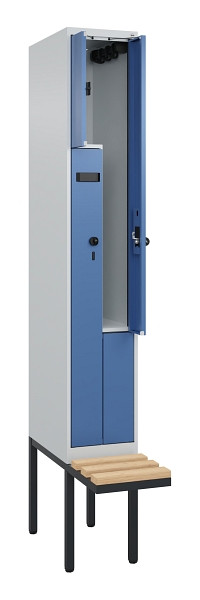 C+P Z-Spind Evolo PLUS, Bank, 2 Fächer, 2120x300x815mm, 7035/5023, Drehriegel, Sitzfläche Holz, 0490437-102 S10020