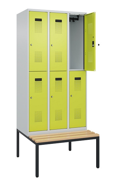 C+P Doppelstock-Spind Evolo PLUS, Bank, 6 Fächer, 2120x900x815mm, 7035/0024, Zylinderschloss, Sitzfläche Buche-Hartholz, Sitzbank, 0493507-30 S10042