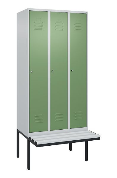 C+P Umkleidespind Classic PLUS, 3 Abteile, 2120x900x815mm, 7035/6011, Zylinderschlösser, je 2 Doppel-Haken, 0800407-30F S10021