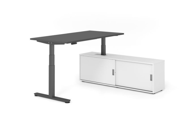 Hammerbacher Schreibtisch XDSM16, 160x80cm, Platte: Graphit, T-Fuß Gestell Graphit, Höhe: 63 - 127 cm, Weiß / Weiß, VXDSM16SB/G/G/W/W