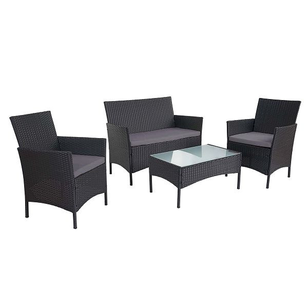 Mendler 2-1-1 Poly-Rattan Garten-Garnitur Halden, Sitzgruppe Lounge-Set Sofa, anthrazit, Kissen anthrazit, 64304+64280+52039