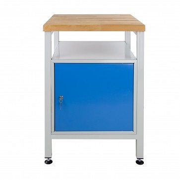ADB Schmale Werkbank mit 1 Tür und Ablage, Maße: 600x600x840mm (BxTxH), Farbe Werktisch: grau, RAL 7035, Farbe Tür: Lichtblau, 41937