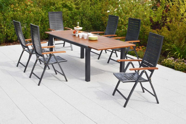Merxx Tinos Set 7-teilig, 6 Tinos Klappsessel, folierte Armlehnen, Holzoptik, 1 Ausziehtisch 180 (250) x 100 cm, Tischplatte aus Akazienholz, 50402-217