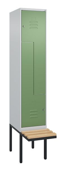 C+P Z-Spind Classic PLUS, Bank, 2 Abteile, 2120x400x815mm, 7035/6011, Zylinderschlösser, Buche-Sitzleisten, 0800437-122 S10021